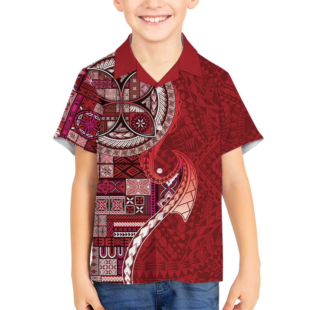 Samoan Siapo Art Tattoo Polynesian Pattern Family Matching Off Shoulder Short Dress and Hawaiian Shirt Red Color - Polynesian Pride