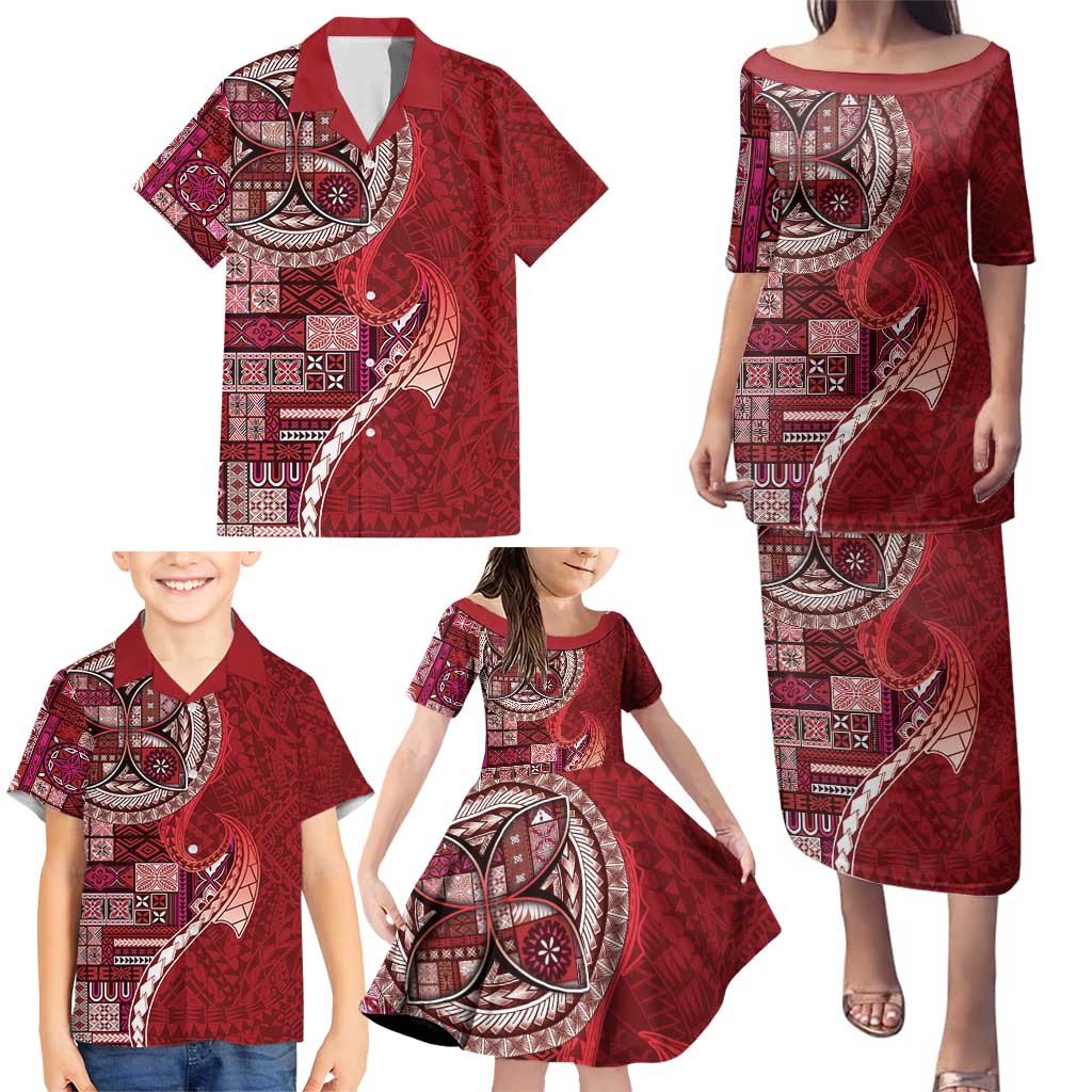 Samoan Siapo Art Tattoo Polynesian Pattern Family Matching Puletasi and Hawaiian Shirt Red Color - Polynesian Pride