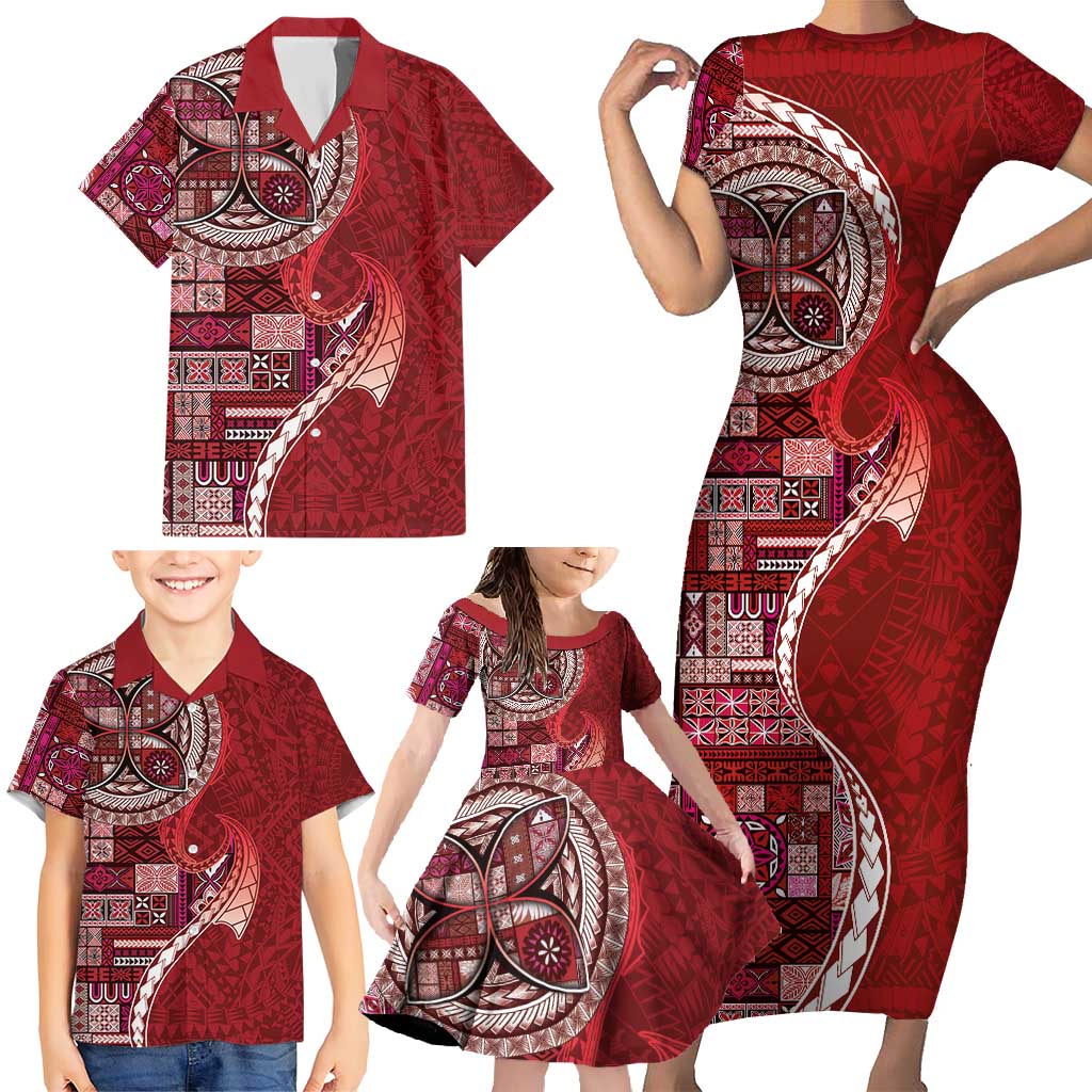 Samoan Siapo Art Tattoo Polynesian Pattern Family Matching Short Sleeve Bodycon Dress and Hawaiian Shirt Red Color LT03 - Polynesian Pride