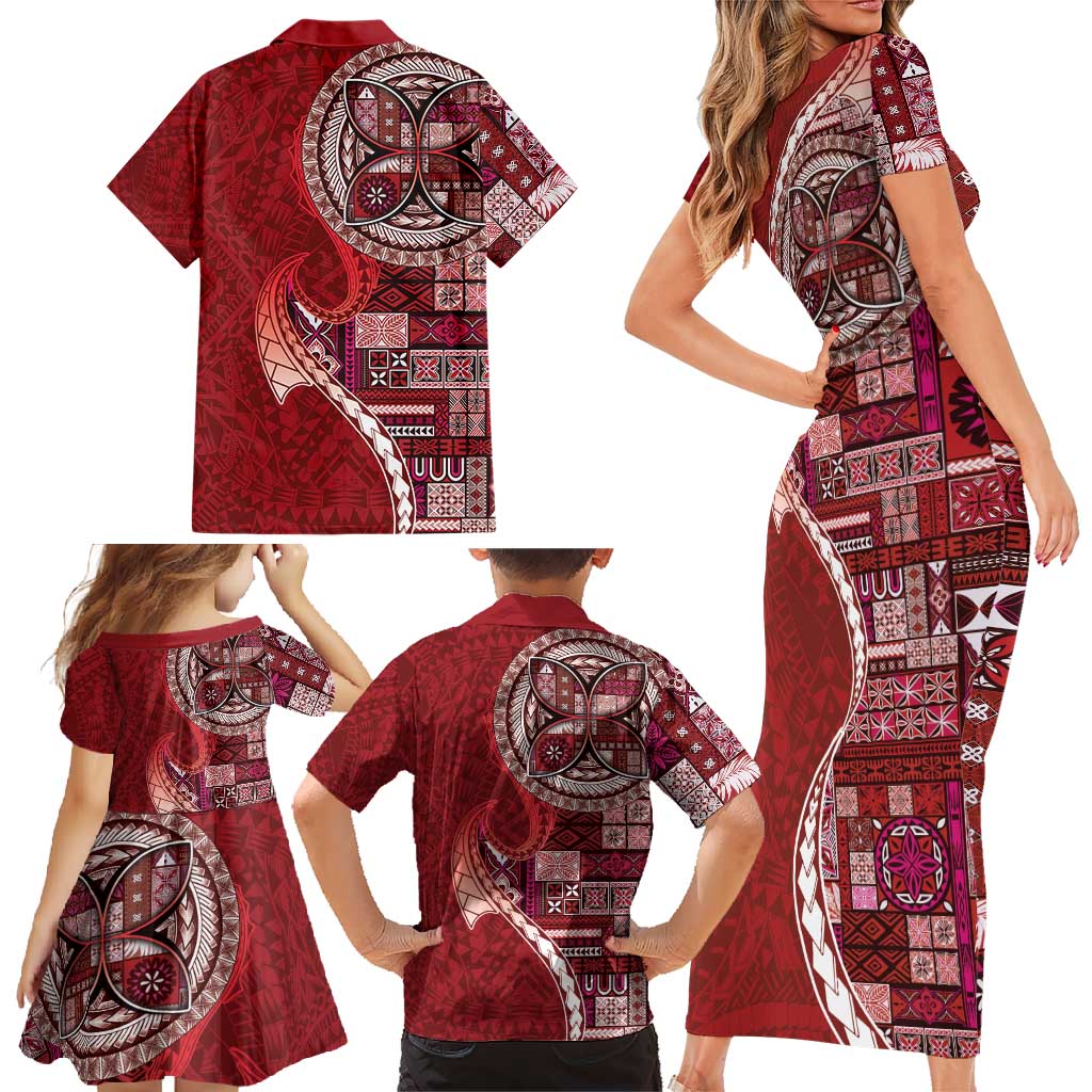 Samoan Siapo Art Tattoo Polynesian Pattern Family Matching Short Sleeve Bodycon Dress and Hawaiian Shirt Red Color LT03 - Polynesian Pride