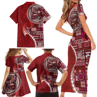Samoan Siapo Art Tattoo Polynesian Pattern Family Matching Short Sleeve Bodycon Dress and Hawaiian Shirt Red Color LT03 - Polynesian Pride