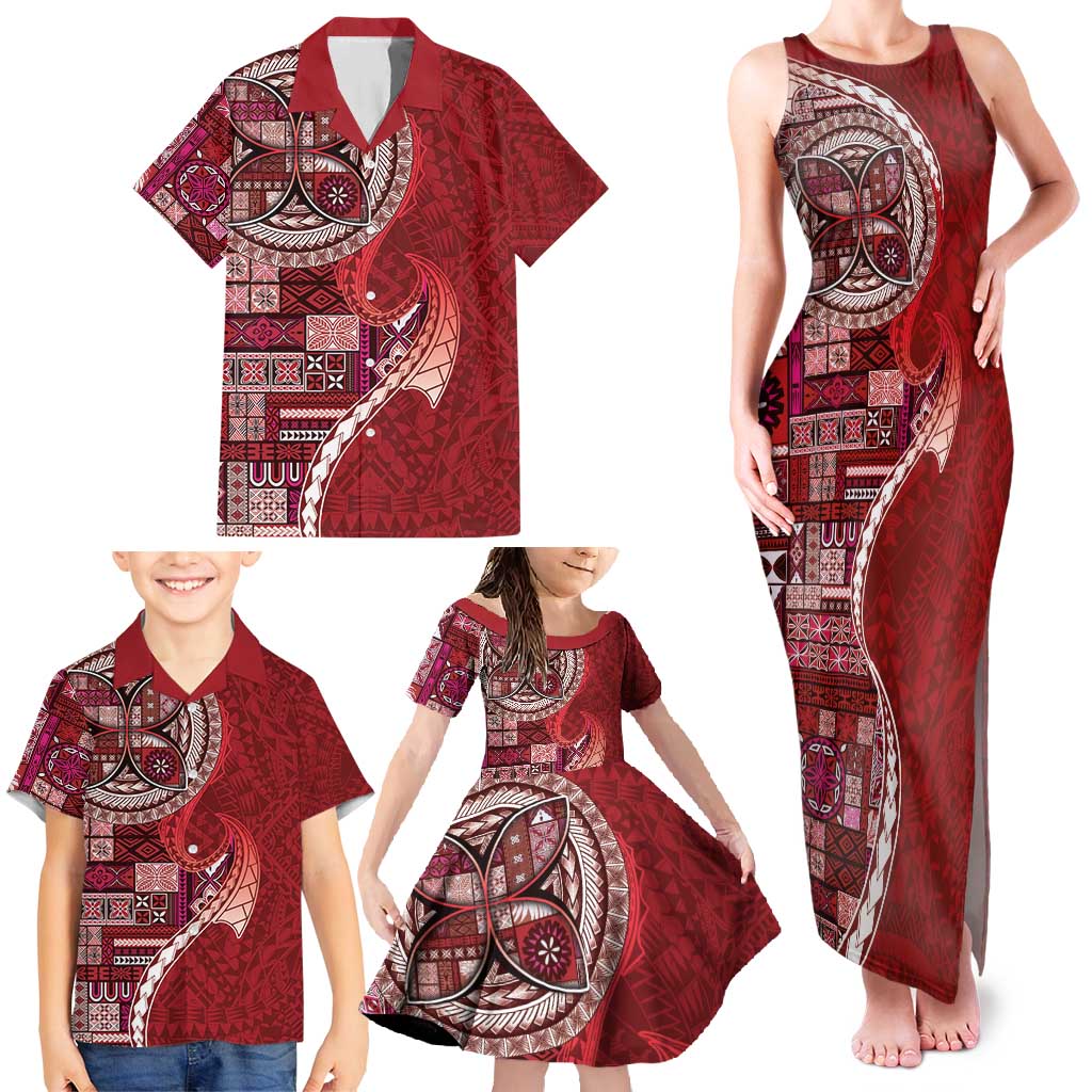 Samoan Siapo Art Tattoo Polynesian Pattern Family Matching Tank Maxi Dress and Hawaiian Shirt Red Color - Polynesian Pride