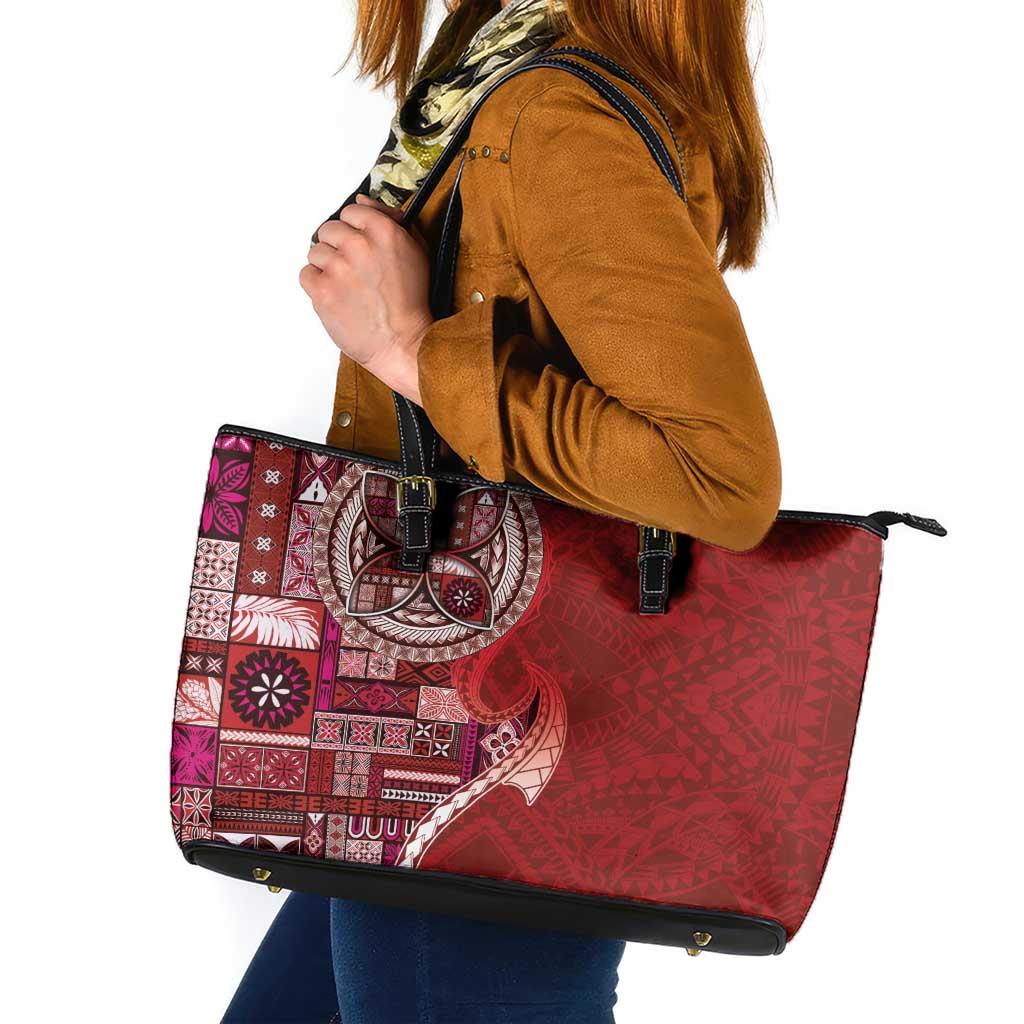 Samoan Siapo Art Tattoo Polynesian Pattern Leather Tote Bag Red Color - Polynesian Pride