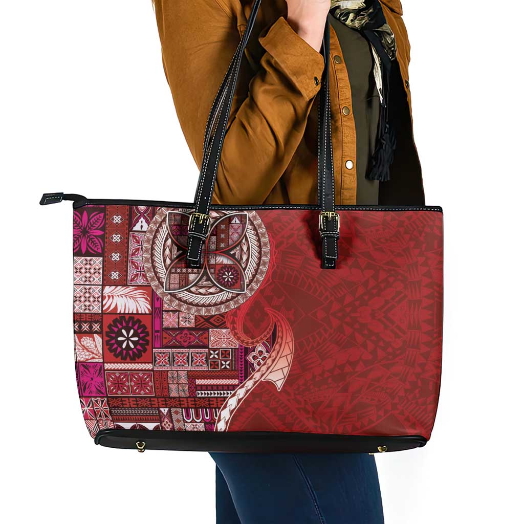 Samoan Siapo Art Tattoo Polynesian Pattern Leather Tote Bag Red Color - Polynesian Pride