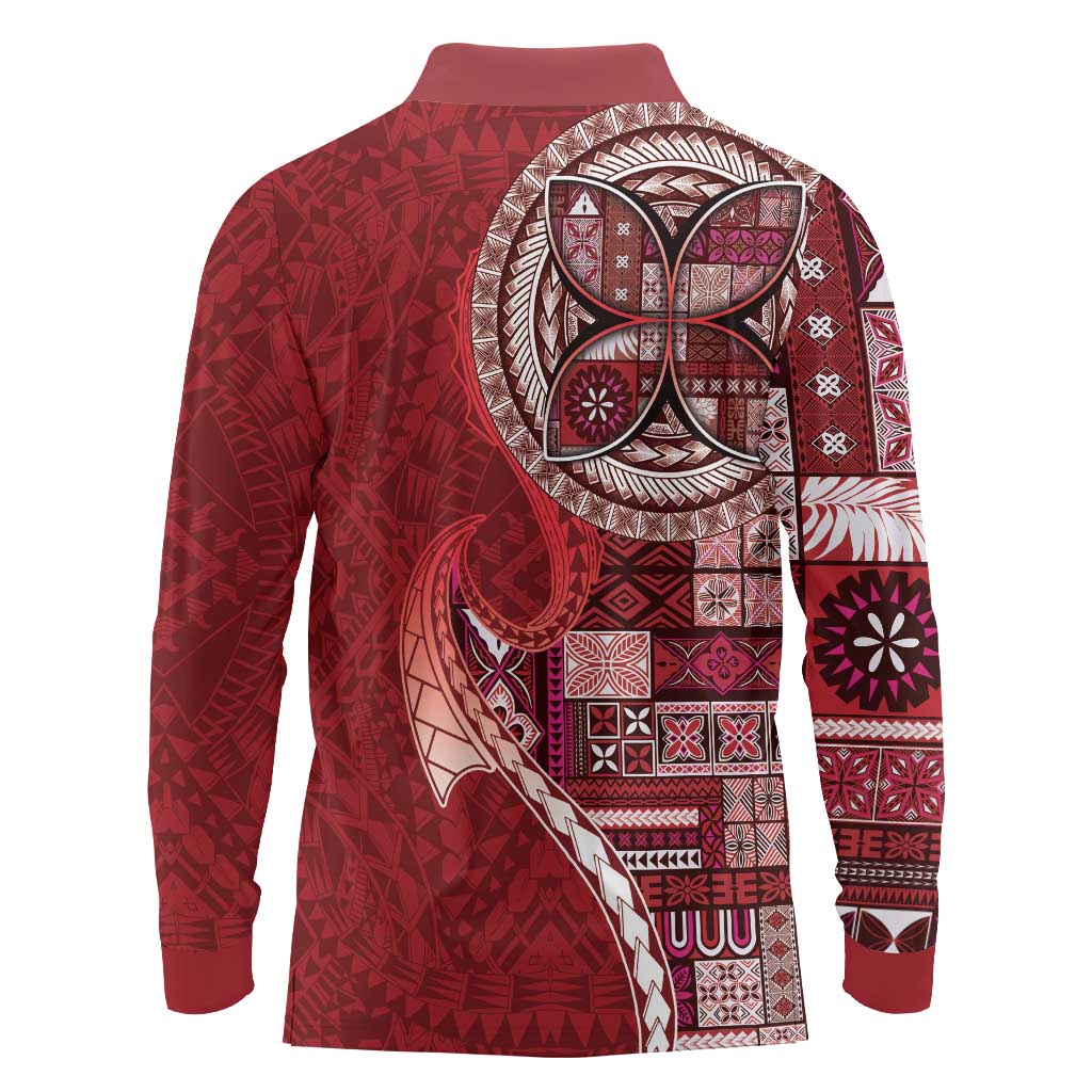 Samoan Siapo Art Tattoo Polynesian Pattern Long Sleeve Polo Shirt Red Color - Polynesian Pride