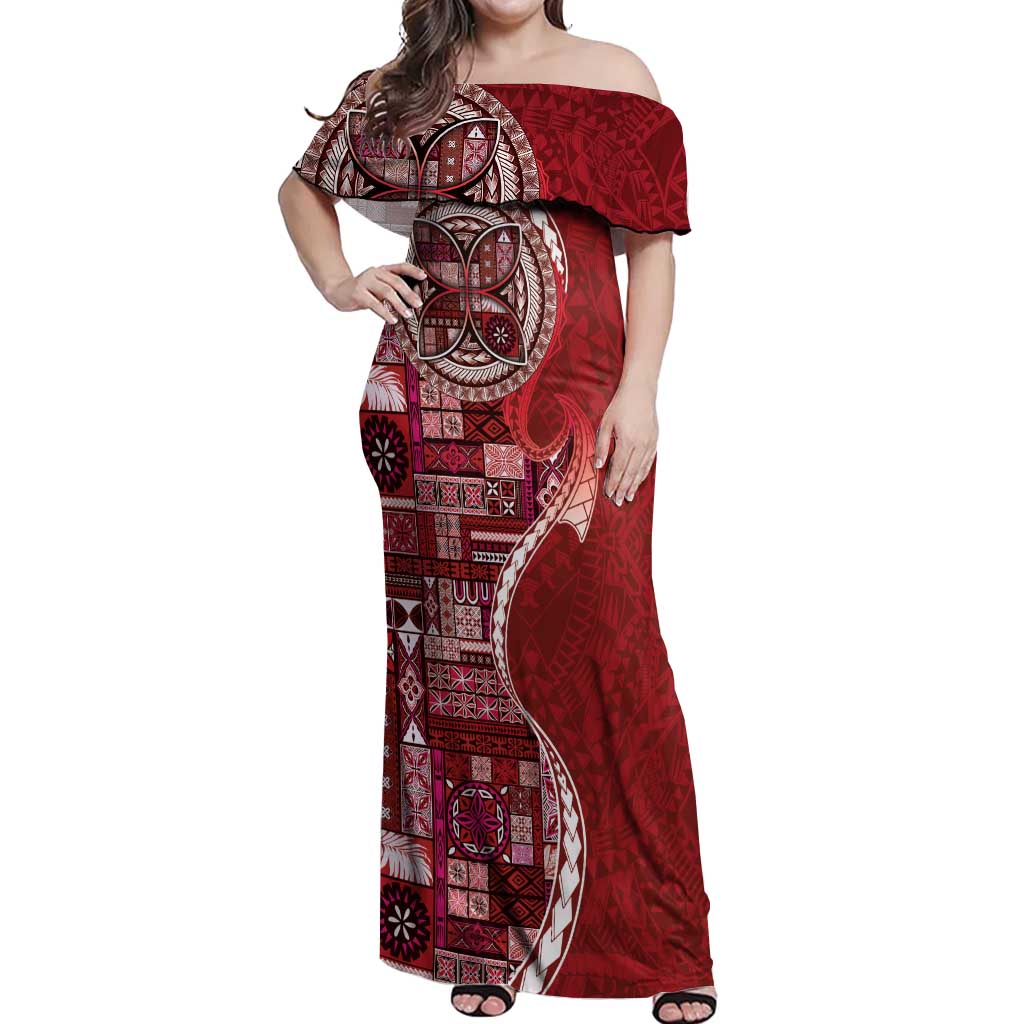 Samoan Siapo Art Tattoo Polynesian Pattern Off Shoulder Maxi Dress Red Color - Polynesian Pride