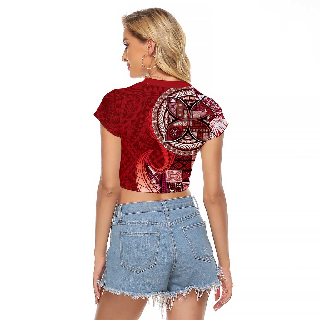 Samoan Siapo Art Tattoo Polynesian Pattern Raglan Cropped T Shirt Red Color - Polynesian Pride