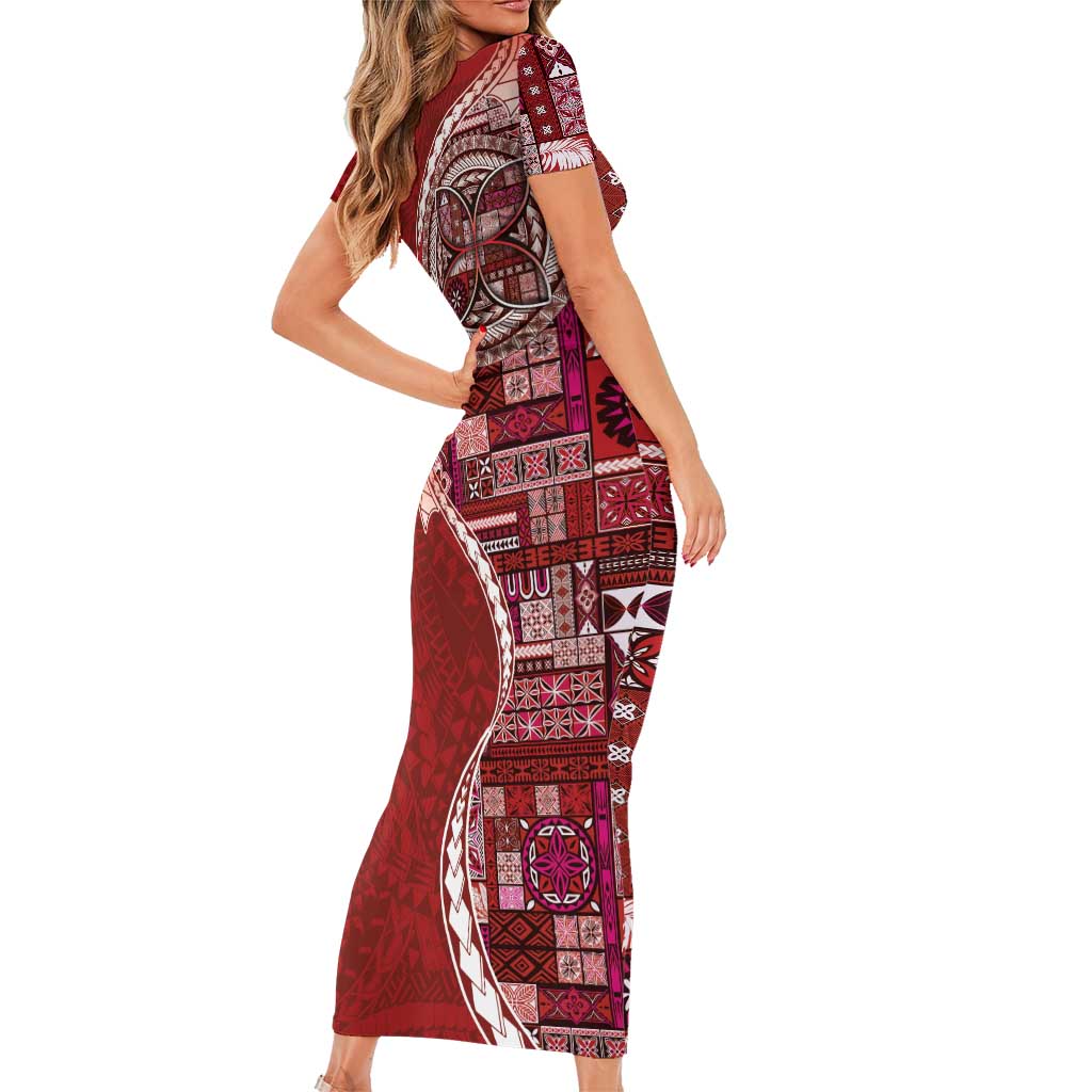 Samoan Siapo Art Tattoo Polynesian Pattern Short Sleeve Bodycon Dress Red Color - Polynesian Pride