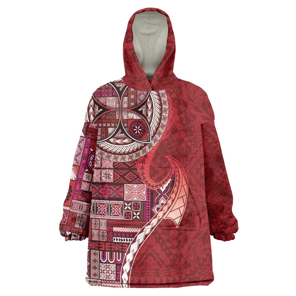 Samoan Siapo Art Tattoo Polynesian Pattern Wearable Blanket Hoodie Red Color - Polynesian Pride