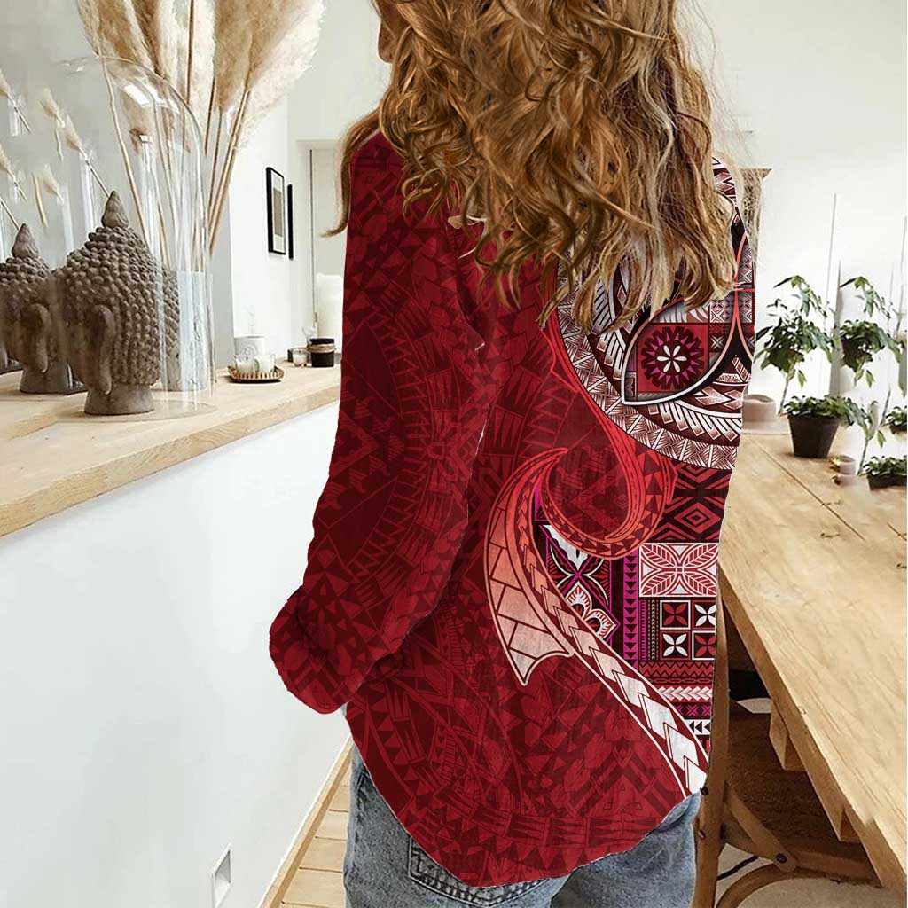 Samoan Siapo Art Tattoo Polynesian Pattern Women Casual Shirt Red Color - Polynesian Pride