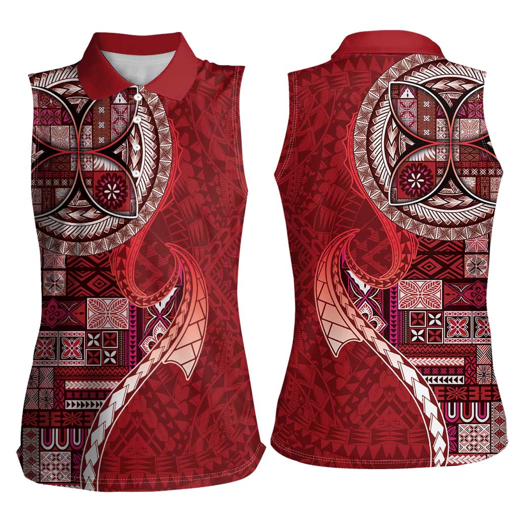 Samoan Siapo Art Tattoo Polynesian Pattern Women Sleeveless Polo Shirt Red Color - Polynesian Pride