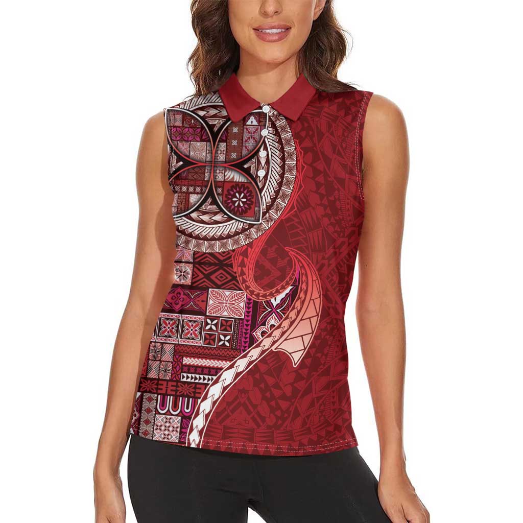 Samoan Siapo Art Tattoo Polynesian Pattern Women Sleeveless Polo Shirt Red Color - Polynesian Pride