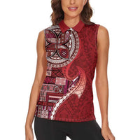 Samoan Siapo Art Tattoo Polynesian Pattern Women Sleeveless Polo Shirt Red Color - Polynesian Pride
