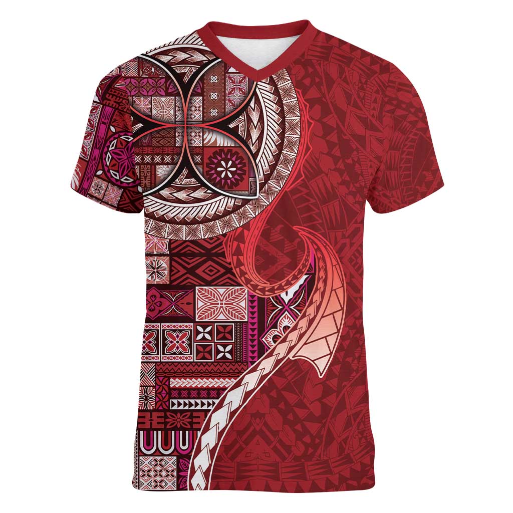 Samoan Siapo Art Tattoo Polynesian Pattern Women V-Neck T-Shirt Red Color - Polynesian Pride