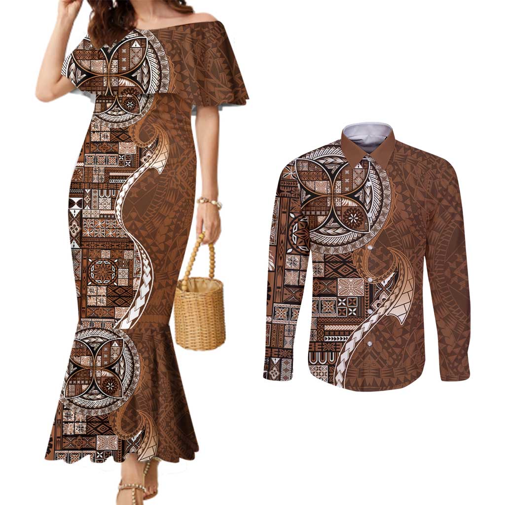 Samoan Siapo Art Tattoo Polynesian Pattern Couples Matching Mermaid Dress and Long Sleeve Button Shirt Brown Color - Polynesian Pride