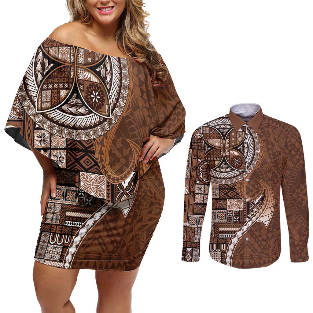 Samoan Siapo Art Tattoo Polynesian Pattern Couples Matching Off Shoulder Short Dress and Long Sleeve Button Shirt Brown Color - Polynesian Pride