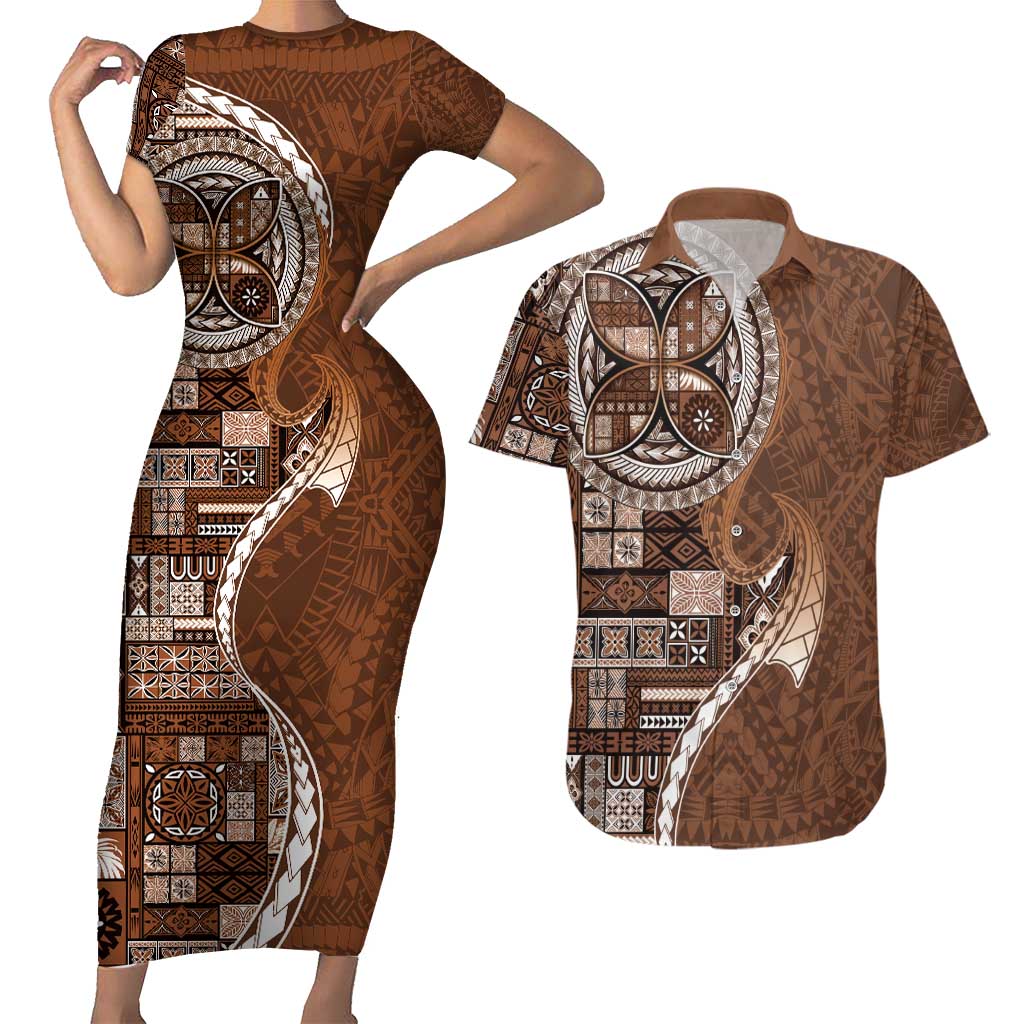 Samoan Siapo Art Tattoo Polynesian Pattern Couples Matching Short Sleeve Bodycon Dress and Hawaiian Shirt Brown Color - Polynesian Pride