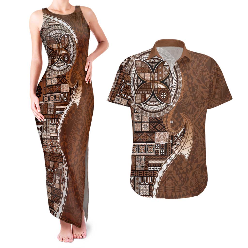 Samoan Siapo Art Tattoo Polynesian Pattern Couples Matching Tank Maxi Dress and Hawaiian Shirt Brown Color - Polynesian Pride
