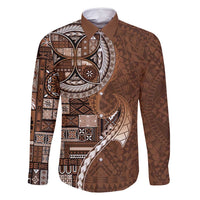 Samoan Siapo Art Tattoo Polynesian Pattern Family Matching Long Sleeve Bodycon Dress and Hawaiian Shirt Brown Color LT03 Dad's Shirt - Long Sleeve Brown - Polynesian Pride