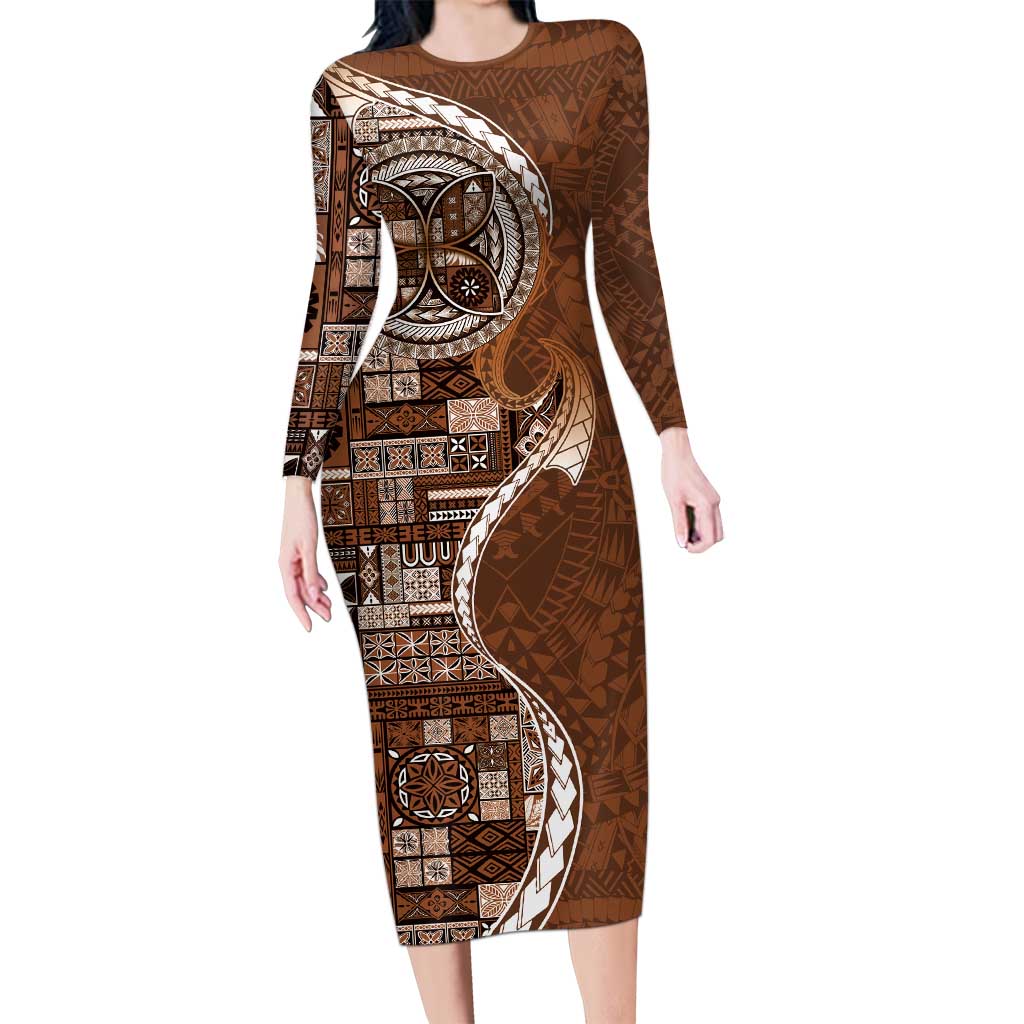 Samoan Siapo Art Tattoo Polynesian Pattern Family Matching Long Sleeve Bodycon Dress and Hawaiian Shirt Brown Color LT03 Mom's Dress Brown - Polynesian Pride