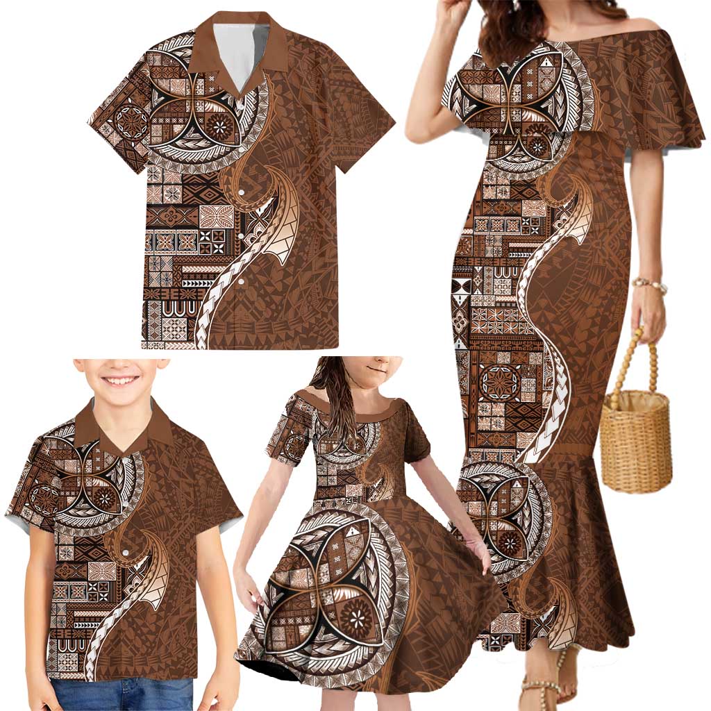Samoan Siapo Art Tattoo Polynesian Pattern Family Matching Mermaid Dress and Hawaiian Shirt Brown Color LT03 - Polynesian Pride