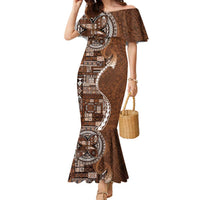 Samoan Siapo Art Tattoo Polynesian Pattern Family Matching Mermaid Dress and Hawaiian Shirt Brown Color LT03 Mom's Dress Brown - Polynesian Pride