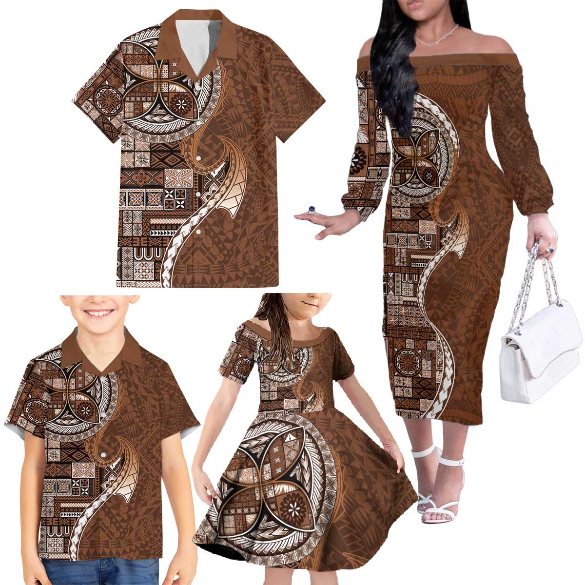 Samoan Siapo Art Tattoo Polynesian Pattern Family Matching Off The Shoulder Long Sleeve Dress and Hawaiian Shirt Brown Color LT03 - Polynesian Pride