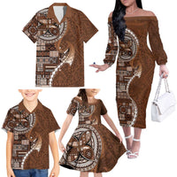 Samoan Siapo Art Tattoo Polynesian Pattern Family Matching Off The Shoulder Long Sleeve Dress and Hawaiian Shirt Brown Color LT03 - Polynesian Pride