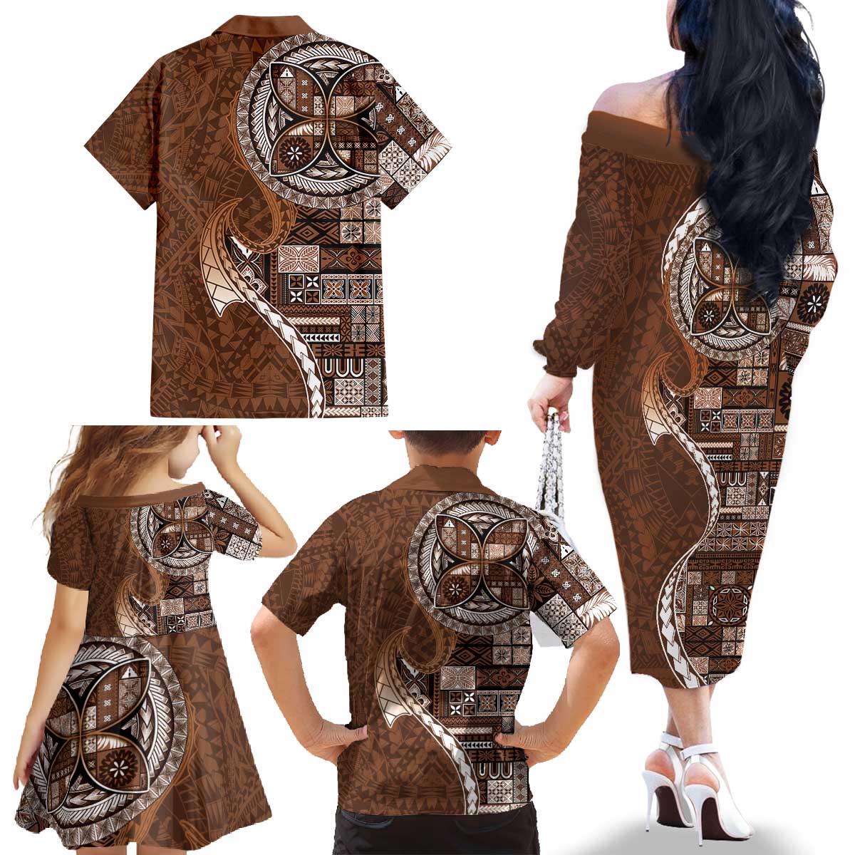 Samoan Siapo Art Tattoo Polynesian Pattern Family Matching Off The Shoulder Long Sleeve Dress and Hawaiian Shirt Brown Color LT03 - Polynesian Pride