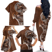 Samoan Siapo Art Tattoo Polynesian Pattern Family Matching Off The Shoulder Long Sleeve Dress and Hawaiian Shirt Brown Color LT03 - Polynesian Pride