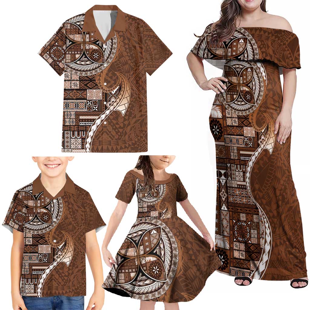 Samoan Siapo Art Tattoo Polynesian Pattern Family Matching Off Shoulder Maxi Dress and Hawaiian Shirt Brown Color - Polynesian Pride