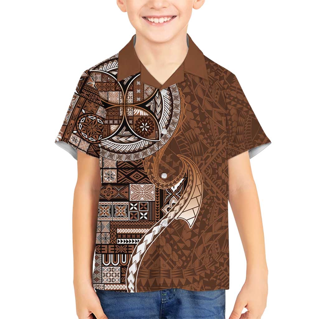 Samoan Siapo Art Tattoo Polynesian Pattern Family Matching Off Shoulder Short Dress and Hawaiian Shirt Brown Color - Polynesian Pride