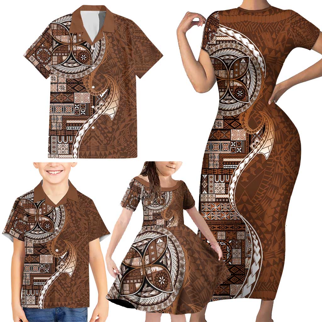 Samoan Siapo Art Tattoo Polynesian Pattern Family Matching Short Sleeve Bodycon Dress and Hawaiian Shirt Brown Color LT03 - Polynesian Pride