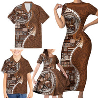 Samoan Siapo Art Tattoo Polynesian Pattern Family Matching Short Sleeve Bodycon Dress and Hawaiian Shirt Brown Color LT03 - Polynesian Pride