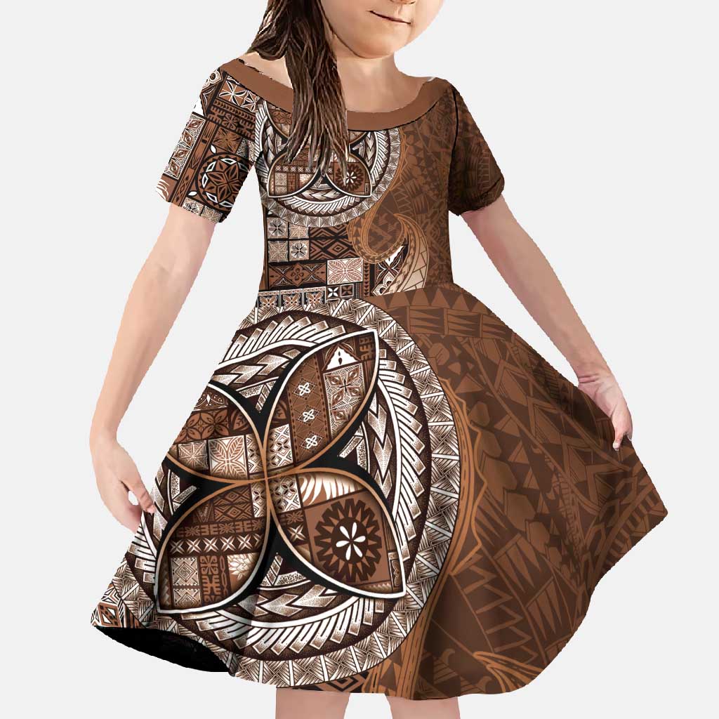 Samoan Siapo Art Tattoo Polynesian Pattern Family Matching Tank Maxi Dress and Hawaiian Shirt Brown Color LT03 Daughter's Dress Brown - Polynesian Pride