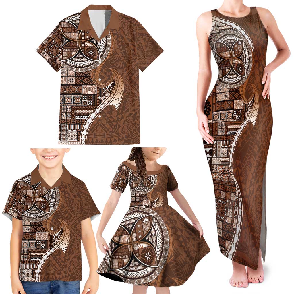 Samoan Siapo Art Tattoo Polynesian Pattern Family Matching Tank Maxi Dress and Hawaiian Shirt Brown Color LT03 - Polynesian Pride