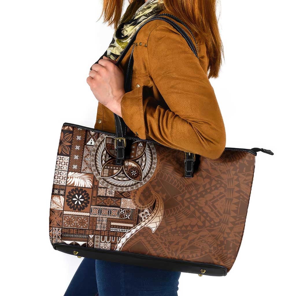 Samoan Siapo Art Tattoo Polynesian Pattern Leather Tote Bag Brown Color - Polynesian Pride