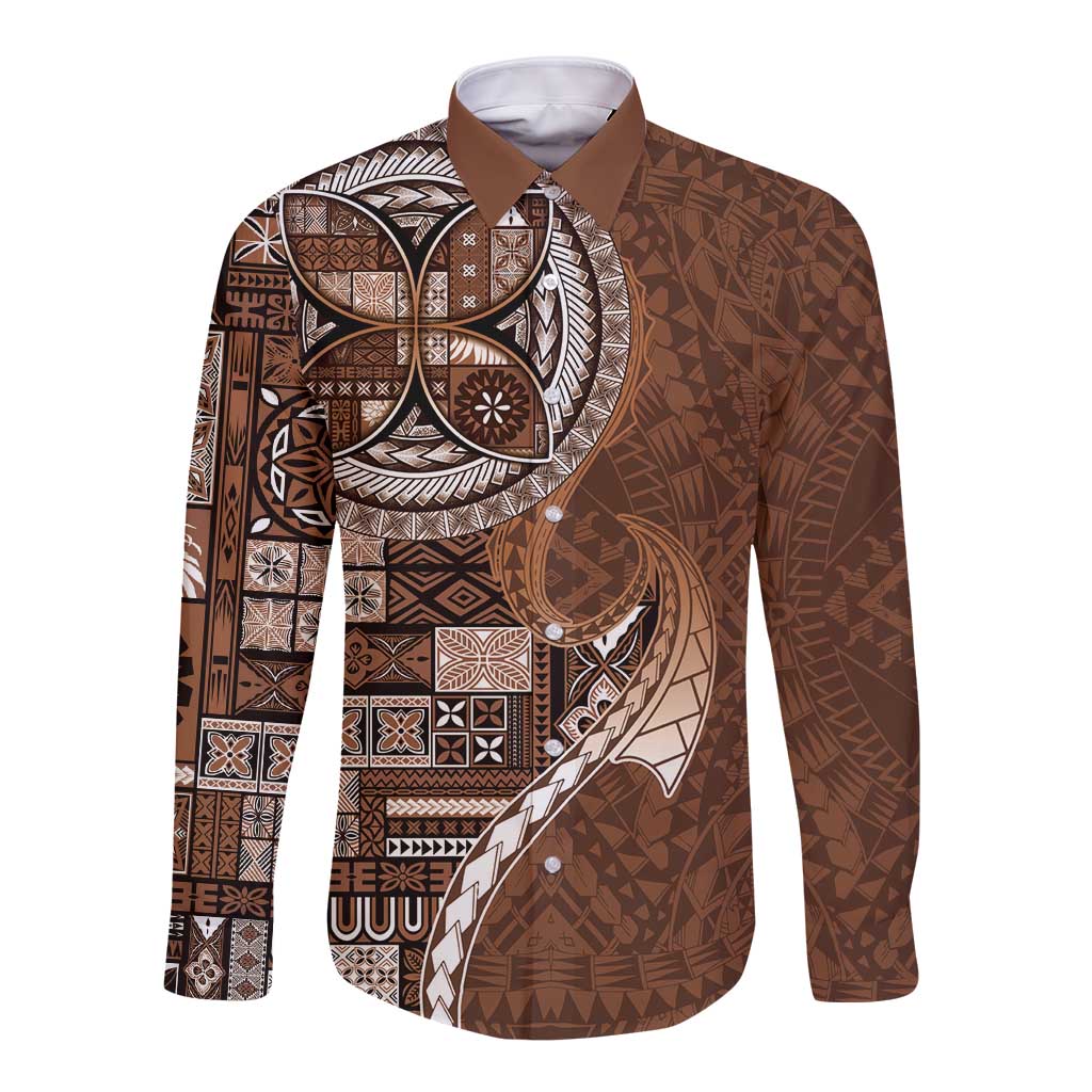 Samoan Siapo Art Tattoo Polynesian Pattern Long Sleeve Button Shirt Brown Color - Polynesian Pride