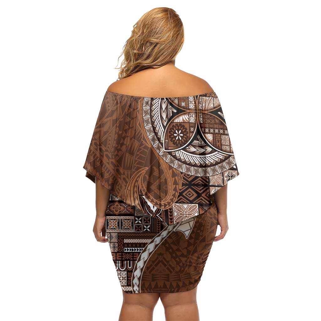 Samoan Siapo Art Tattoo Polynesian Pattern Off Shoulder Short Dress Brown Color - Polynesian Pride