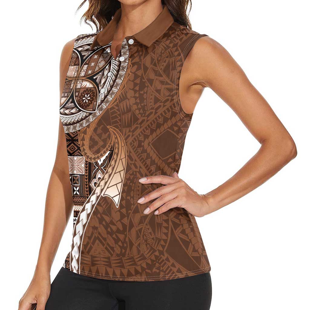 Samoan Siapo Art Tattoo Polynesian Pattern Women Sleeveless Polo Shirt Brown Color - Polynesian Pride