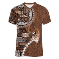 Samoan Siapo Art Tattoo Polynesian Pattern Women V-Neck T-Shirt Brown Color - Polynesian Pride
