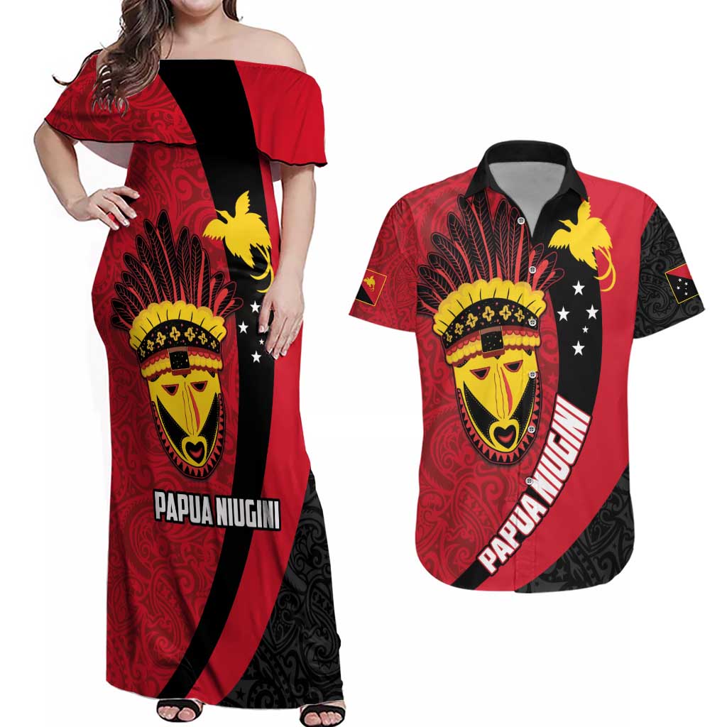 Papua New Guinea Mask Festival Couples Matching Off Shoulder Maxi Dress and Hawaiian Shirt Papua Niugini Tribe Mask Melanesian Pattern LT03 Red - Polynesian Pride
