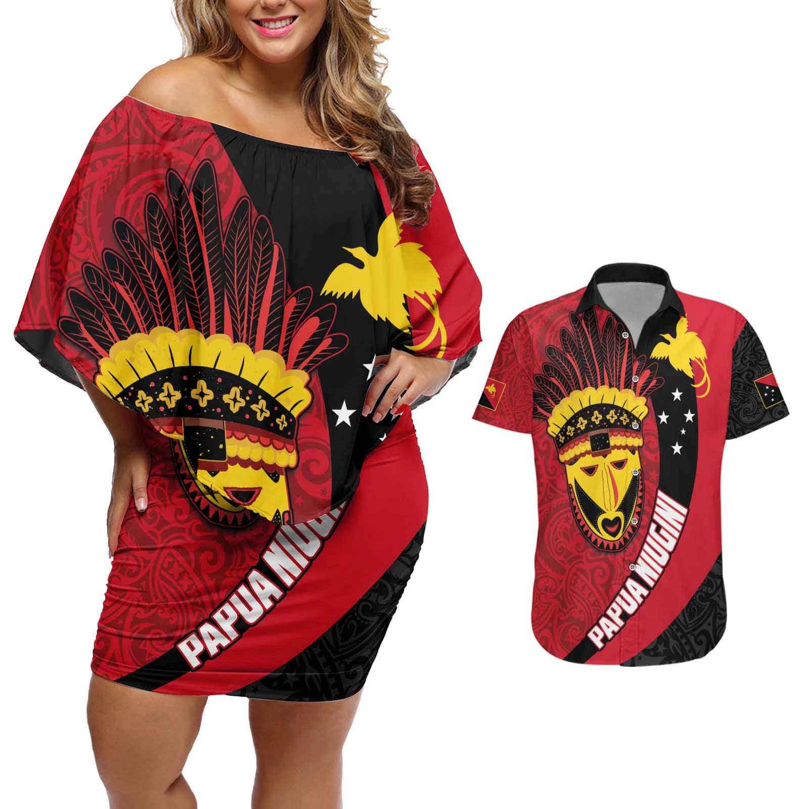 Papua New Guinea Mask Festival Couples Matching Off Shoulder Short Dress and Hawaiian Shirt Papua Niugini Tribe Mask Melanesian Pattern
