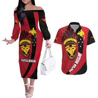 Papua New Guinea Mask Festival Couples Matching Off The Shoulder Long Sleeve Dress and Hawaiian Shirt Papua Niugini Tribe Mask Melanesian Pattern