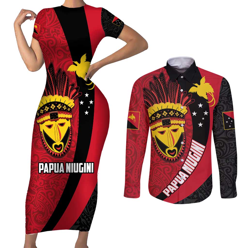 Papua New Guinea Mask Festival Couples Matching Short Sleeve Bodycon Dress and Long Sleeve Button Shirt Papua Niugini Tribe Mask Melanesian Pattern