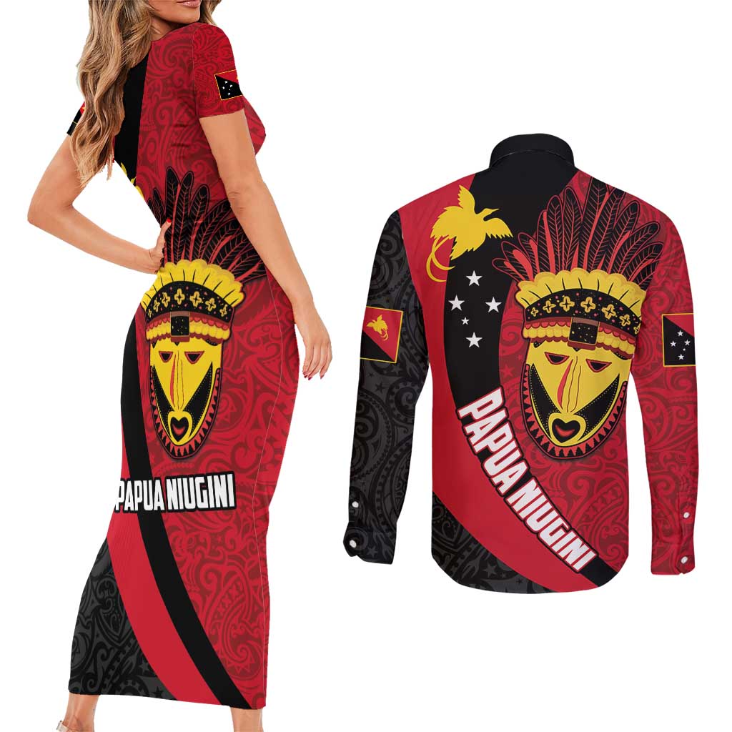 Papua New Guinea Mask Festival Couples Matching Short Sleeve Bodycon Dress and Long Sleeve Button Shirt Papua Niugini Tribe Mask Melanesian Pattern