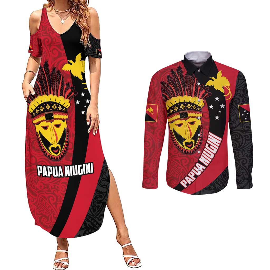 Papua New Guinea Mask Festival Couples Matching Summer Maxi Dress and Long Sleeve Button Shirt Papua Niugini Tribe Mask Melanesian Pattern