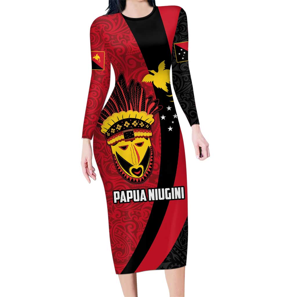 Papua New Guinea Mask Festival Family Matching Long Sleeve Bodycon Dress and Hawaiian Shirt Papua Niugini Tribe Mask Melanesian Pattern LT03 Mom's Dress Red - Polynesian Pride