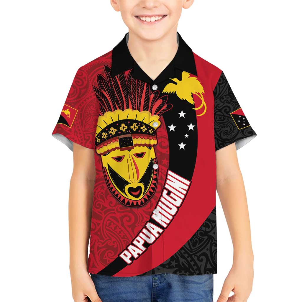 Papua New Guinea Mask Festival Family Matching Off Shoulder Maxi Dress and Hawaiian Shirt Papua Niugini Tribe Mask Melanesian Pattern LT03 Son's Shirt Red - Polynesian Pride