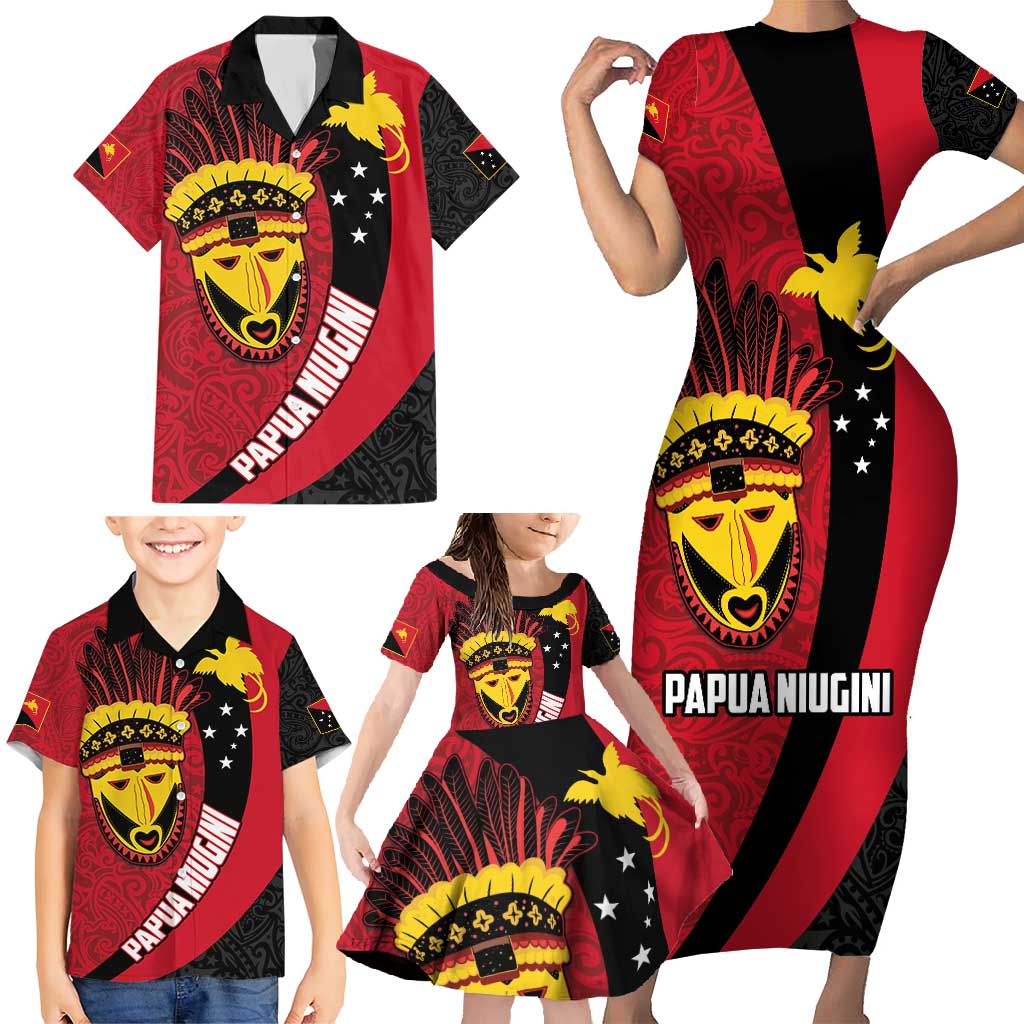 Papua New Guinea Mask Festival Family Matching Short Sleeve Bodycon Dress and Hawaiian Shirt Papua Niugini Tribe Mask Melanesian Pattern LT03 - Polynesian Pride